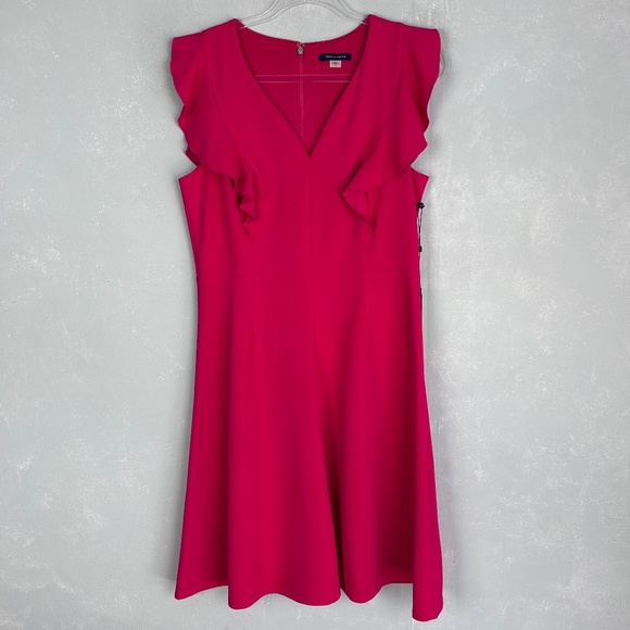 Tommy Hilfiger fit & flare dress size 10 ruffle sleeve crepe knit hot pink NEW - Picture 1 of 12